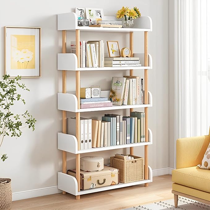 5-Tier Wooden Open Bookcase - Modern Display Bookshelf with Top Edge and Solid Wood Frame for Home and Office, Storage Cabinet, Warm White