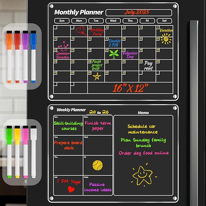 FINDMAG Acrylic Dry Erase Magnetic Calendar for Fridge, Magnetic Calendar for Refrigerator, Clear Monthly and Weekly Meal Planner Fridge Magnets, Chore Chart for Kids with 8 Colors Markers