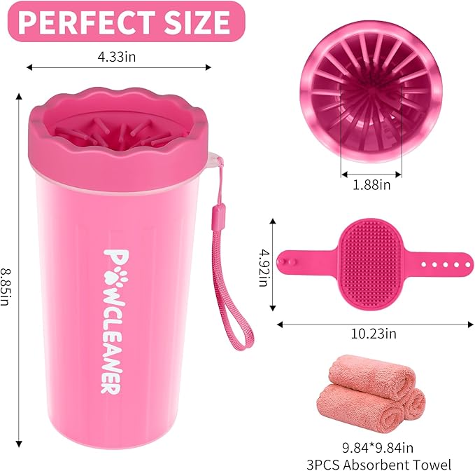 Professional 7 in 1 Dog Paw Cleaner for Dogs & Cats - Includes 1 Portable Paw Washer, 1 Bath Brush, 2 Dog Toothbrushes and 3 Absorbent Towels Note: Fits Paws 2.5 to 3.5 Inches Wide (Large, Pink)