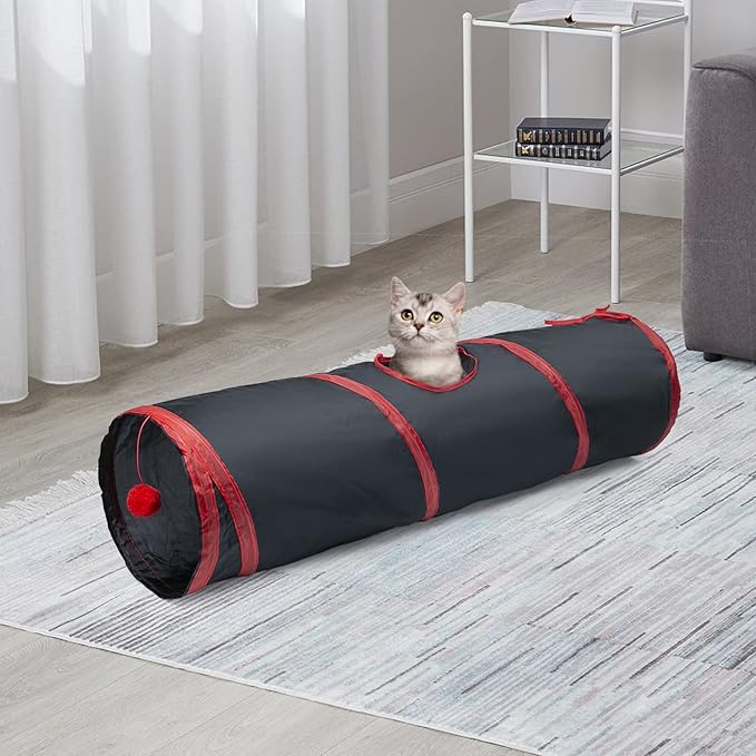 Sheldamy Cat Tunnel, 2-Way Collapsible Play Tunnel, Interactive Toy Maze for Small Animals, Red & Black