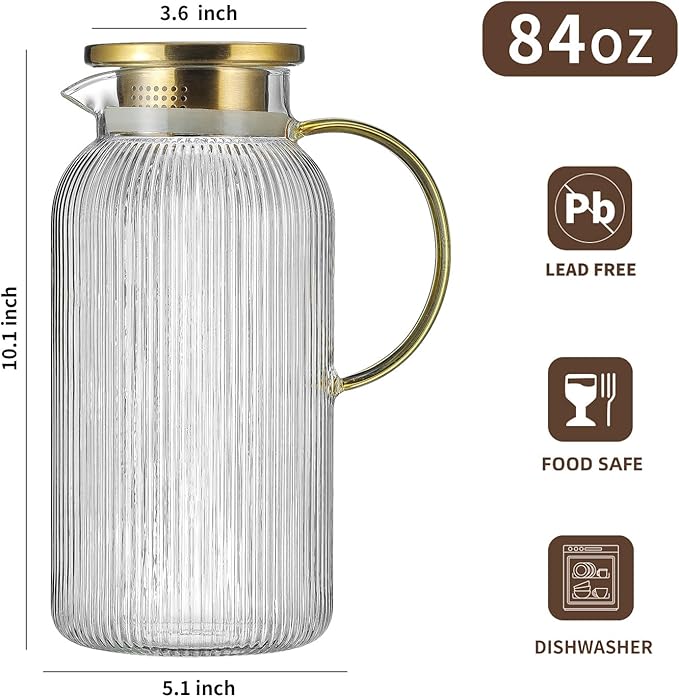 2 PACK Glass Pitcher with Lid, 84oz/2.5L Liter Classic Vertical Stripes Water Pitcher,Glass Water Carafe for Cold Brew, Coffee, Lemonade, Iced Tea,Sun Tea, Beverage, Heat Resistant