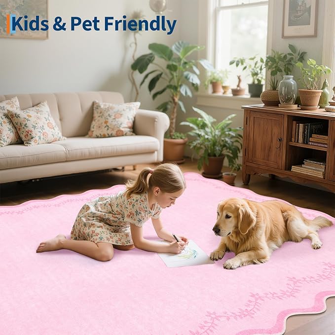 GarveeHome 4x6 Pink Valentines Scalloped Washable Area Rug for Girls Bedroom, Solid Floral Soft Nursery Rug Non Slip Low Pile Small Carpet Stain Resistant Throw Rug for Dorm Kids Room Dining Room