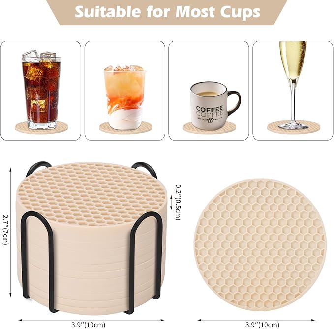 Silicone Coaster Set of 12 with Holder, Drinks Coasters, Beer & Coffee, Suitable for All Cups, Hot or Cold, Anti-Slip, Non-Stick, Anti-Overflow Tabletop Protection and Decor (12 Pcs, Tapioca)