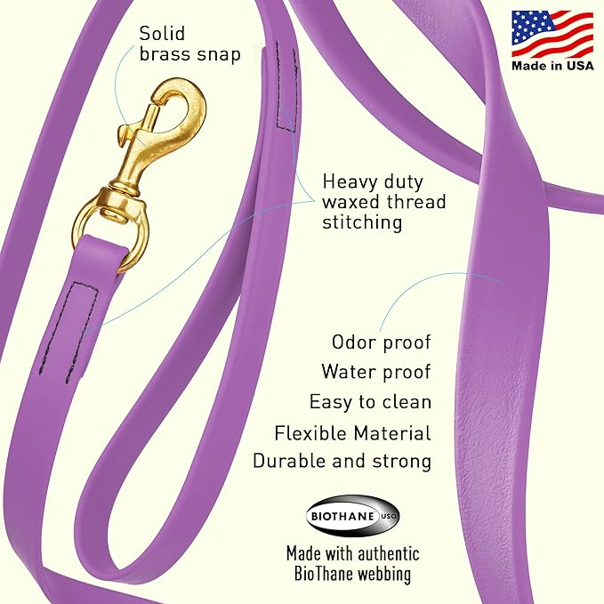 Viper Biothane K9 Working Dog Leash Waterproof Lead for Tracking Training Schutzhund Odor-Proof Long Line with Solid Brass Snap for Puppy Medium and Large Dogs, 15ft Amethyst Purple