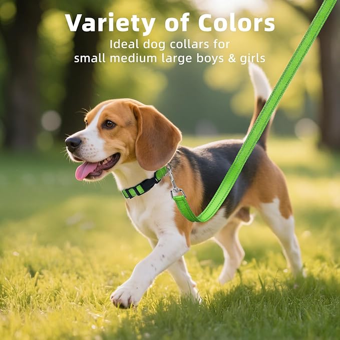 Reflective Dog Collar for Large Dogs, Wide Nylon Adjustable Collar with Soft Padding, Durable Buckle for Pitbull Labrador Retriever,Green,L