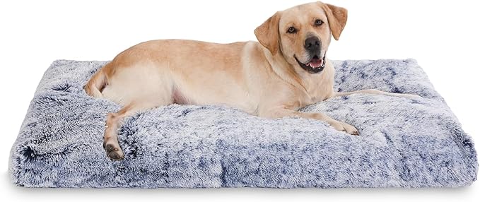 Bedfolks Plush Waterproof Dog Crate Bed, XXL Faux Fur Kennel Pad, 47"x29", Dark Blue