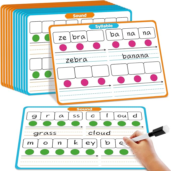 12 Packs Phonemic Awareness Dry Erase Board, Speech Therapy Material Dry Erase Phonics Games Flash Cards, Elkonin Boxes Science of Reading Spelling Manipulatives Classroom Materials Must Have