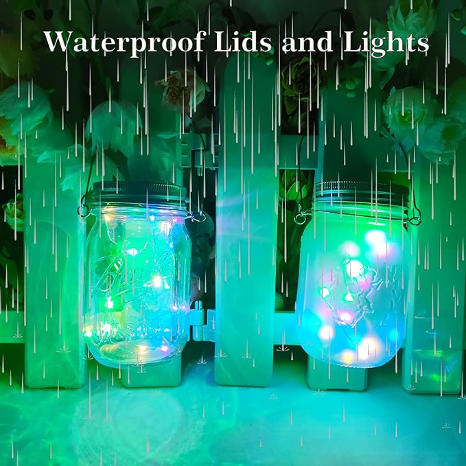 SmilingTown Solar Mason Jar String Light Lids 12 Pack 30 LED Fairy Firefly Inserts Lighting with 12 Hangers Waterproof for Outdoor Tree Patio Lawn Garden Decor, No Jars (Multi-Colored)