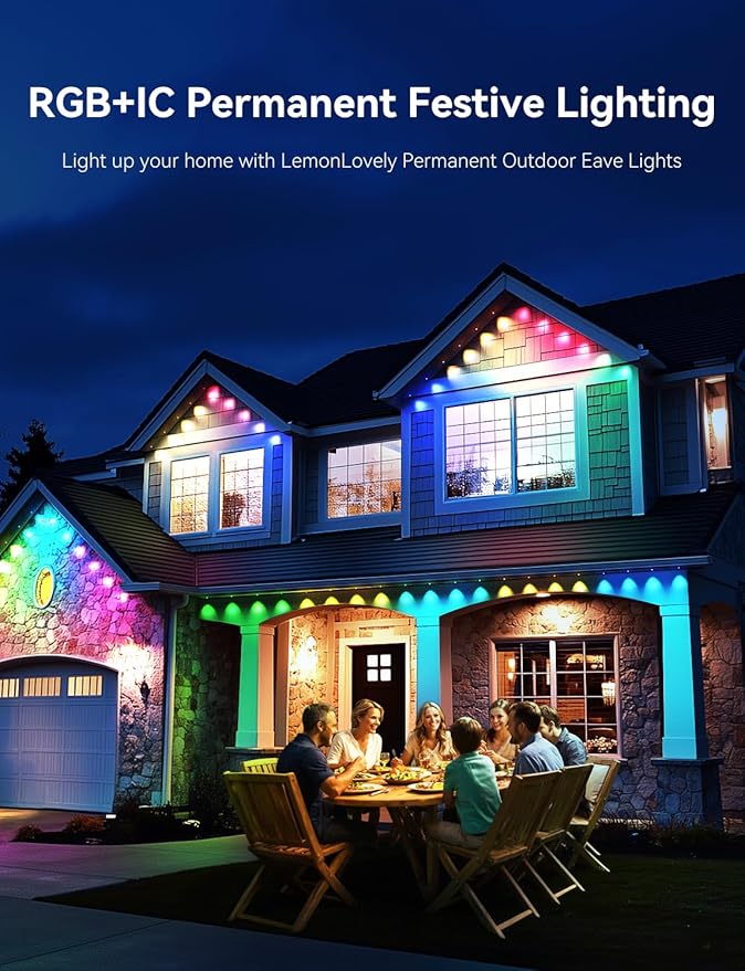Permanent Outdoor Lights for House, RGB+IC IP67 Waterproof Smart Eave Lights 100ft with 72 LED, Eternity Lighting for Holiday Daily Decor, Work with Remote, APP