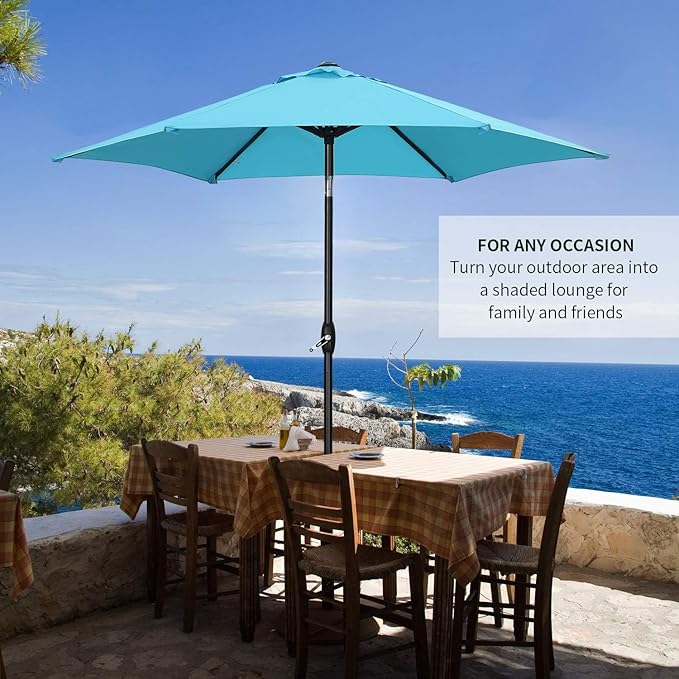 HYD-Parts 9FT Patio Umbrella Outdoor Table Umbrella,Market Umbrella with Push Button Tilt and Crank for Garden, Lawn, Deck, Backyard & Pool, with a Base (Blue)