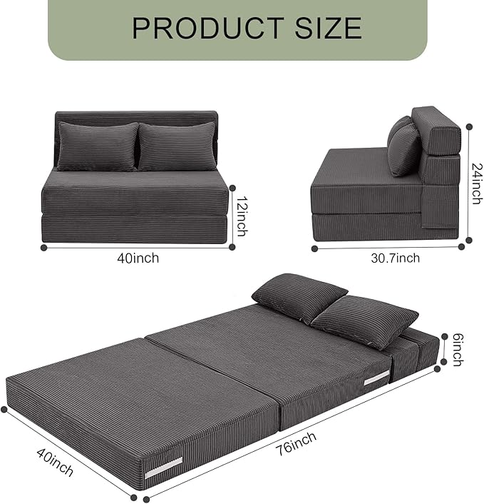 MeMoreCool Boneless Folding Sofa Bed – Corduroy 4-in-1 Convertible Futon Chair, Compact Floor Sleeper with Foam & Washable Cover, 1200 lb Capacity Couch Bed for Small Rooms, Dorms, Apartments