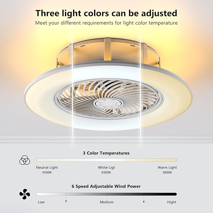 Ceiling Fans with Lights and Remote Control 22 inch with Ambient Light Bladeless Low Profile Ceiling Fan Flush Mount Enclosed Smart Ceiling Fan Light LED Dimmable Lighting (Moonlight Model)