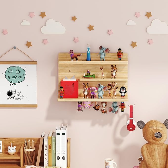 for Tonies Shelf Magnetic - Tonies Figure Organizer for Kids Room, Wooden Magnetic Display Shelf for Tonies Box Holder, Wall Floating Shelves Toy Storage Compatible Charging Station (3 Tier, Wood)