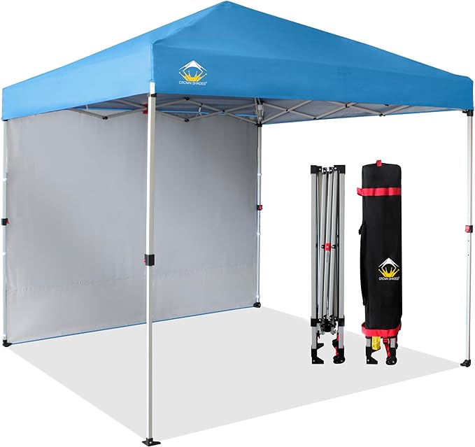 CROWN SHADES 8x8 Pop Up Canopy with 1 Side Wall - Beach Tent with One Push Setup - Outdoor Sun Shade for Events, Parties, Camping - Gazebo with STO-N-Go Cover Bag (Sky Blue)