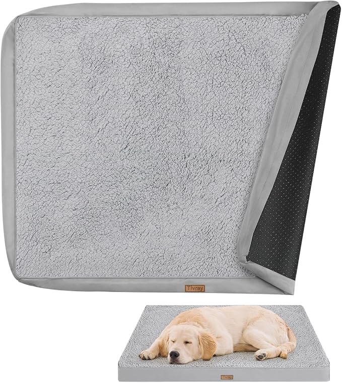 Dog Bed Cover, Washable Replacement Large Dog Bed Sheet with 3-Sided Continuous Zipper, Waterproof Liner, Soft Plush, Pet Mattress Fluffy Protector, 36x27x3 inch - L, Cover Only Grey