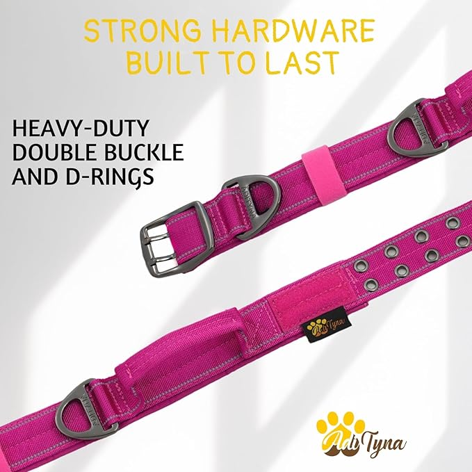 ADITYNA Heavy Duty Dog Collar for Medium Dogs - Reflective Magenta Collar with Handle for Training, and Walking - Wide, Thick, Tactical, Soft Neoprene Padded