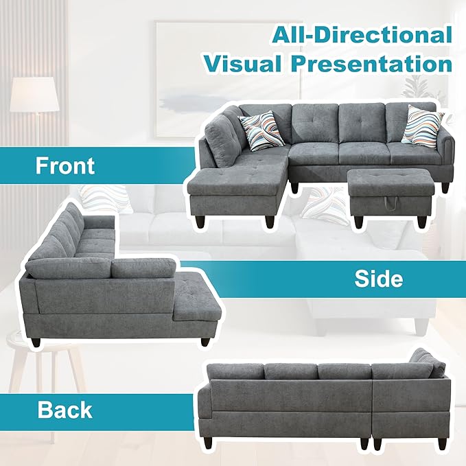 L Shaped Couch Modern Sectional Couch Upholstered Fluffy Fabric 3 Pieces Sofas for Living Room with Chaise, Storage Ottoman for Office and Small Apartment, Dark Grey
