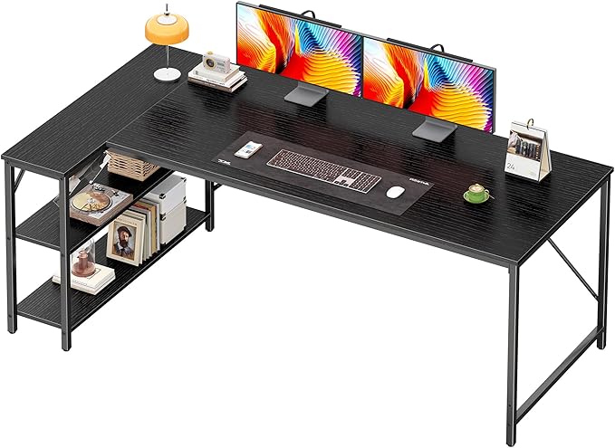 Huuger L Shaped Desk, 63 Inches Computer Desk with Reversible Storage Shelves, Gaming Corner Home Office Writing Study, Metal Frame, Black