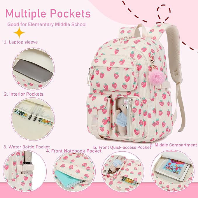 Corduroy Flower Backpack for Girls Teens School Bookbag with Lunch Box Pencil Case Laptop Sleeve Elementary Middle School Bag, Sakura-Pink