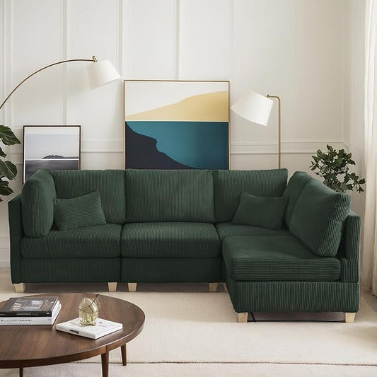 126" Convertible L-Shaped Modular Sectional Sofa, 4 Seater Corduroy Upholstered Corner Sofa Couch with Extra Wide Deep Seat, DIY Combination Lounger Sofa with Solid Wood Legs for Living Room Office