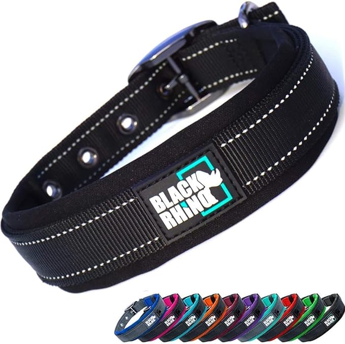 Black Rhino Dog Collar for Medium Dogs - 14-18 Inches Adjustable Reflective Dog Collar with Metal Buckle and Ultra-Soft Neoprene Padding - Heavy Duty Waterproof Collar for Active Pets - Black