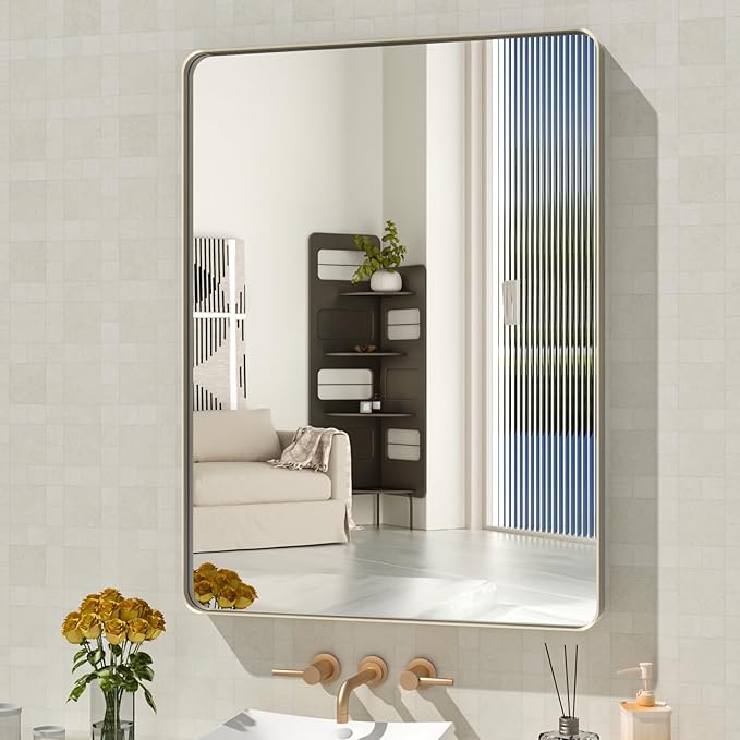 WEER 24X32 Inch Brushed Nickel Bathroom Mirror, Brushed Silver Metal Frame Mirror, Rounded Rectangle Silver Bathroom Vanity Mirror, Tempered Glass, Anti-Rust, Hangs Horizontally or Vertically