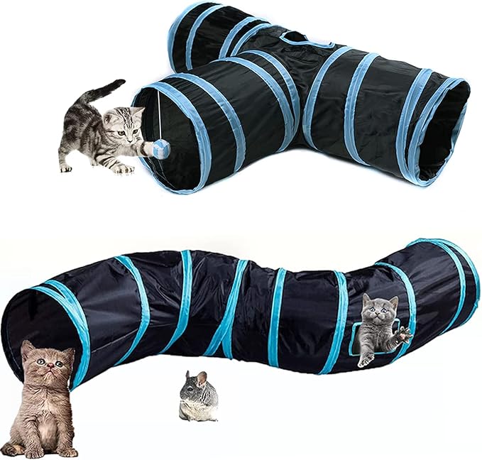Cat Tunnel Tube, Long Collapsible Tunnels Indoor with Peek Hole, 2pack S-Shaped & 3Way Tubes Maze Play Toy Black for Cat Kitten Kitty Rabbit