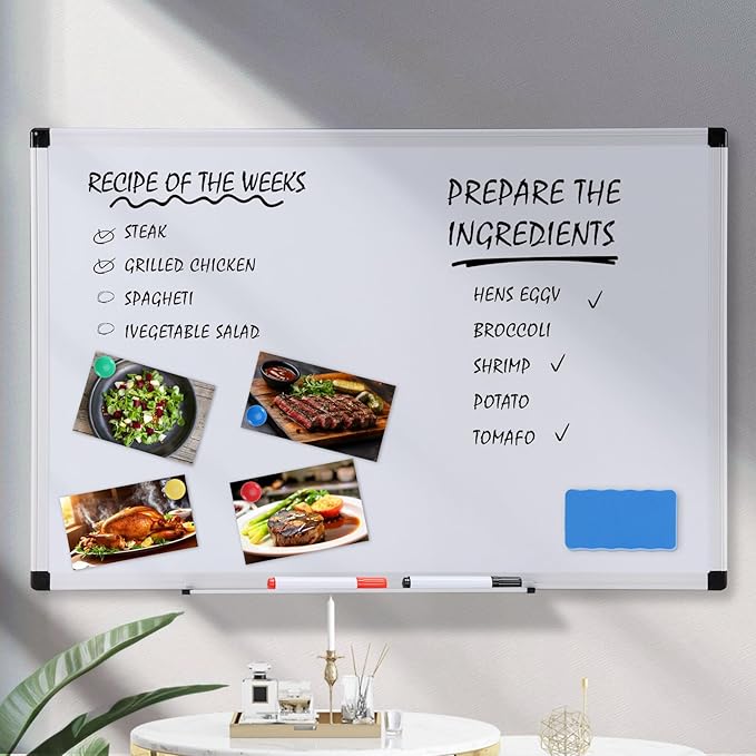 OLIXIS Magnetic White Board, Dry Erase Board for Wall 24" x 48", Whiteboard with 1 Dry Eraser & 2 Multicolor Markers & 4 Magnetic Pins, Aluminium Frame for School, Office, White