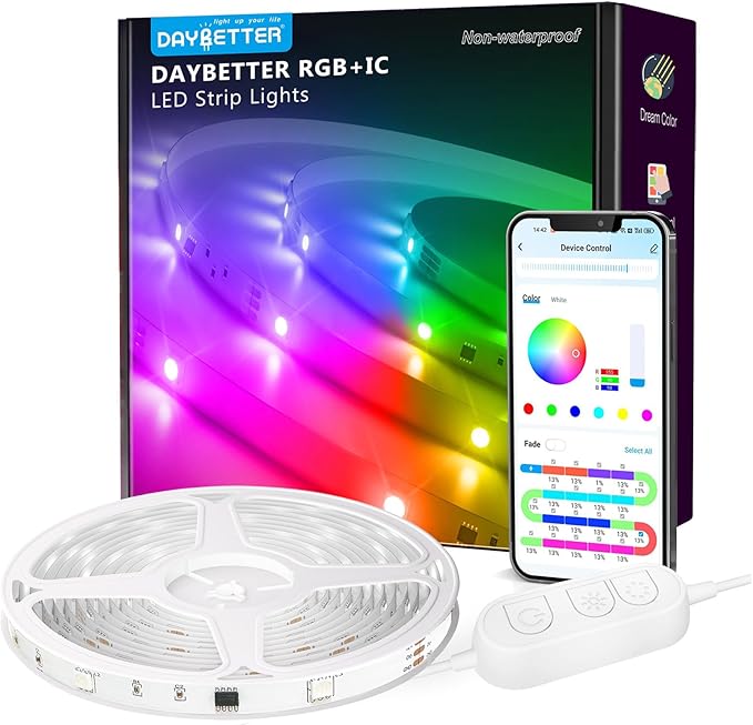 DAYBETTER Smart IC LED Strip Lights, BGRIC LED Lights for Bedroom 65.6FT, DIY Multiple Colors on One Line, App Control Color Changing Strip Lighting Music Sync Home Decor(1 Roll)