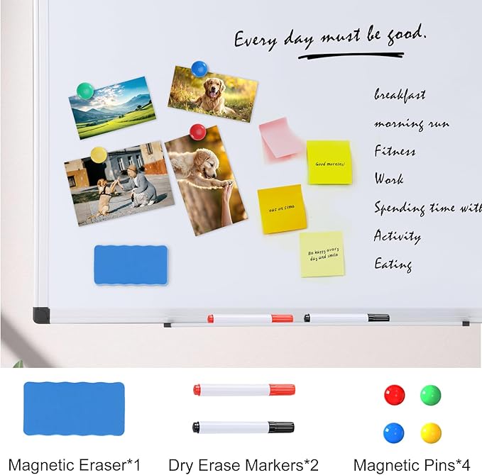OLIXIS Magnetic White Board, Dry Erase Board for Wall 24" x 48", Whiteboard with 1 Dry Eraser & 2 Multicolor Markers & 4 Magnetic Pins, Aluminium Frame for School, Office, White