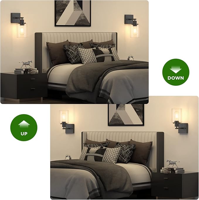 Licperron Black Vanity Wall Sconces Set of Two, Modern Sconces Wall Lighting Fixture with Clear Glass Shade for Bathroom, Industrial Metal Wall Mount Lamp for Bedroom Mirror Living Room