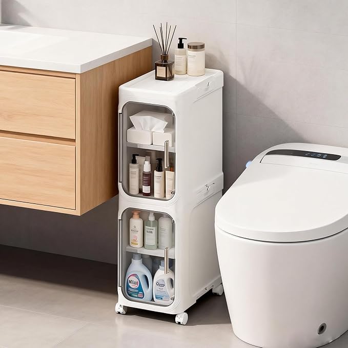 Narrow Storage Cabinet Slim Bathroom Storage Cabinet with Movable Wheels Tall Bathroom Organizer Skinny Cabinet for Small Spaces，2-Tier White