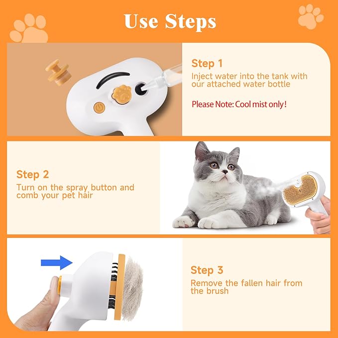 Pet Steam Brush for Dog & Cat – shower bath brush – Steam for Shedding & Grooming Water Brush for Long & Short Haired Pets Spritz Defur Comb 3-in-1 Spray Hair Removal Comb Includes 1*Waterless Shampoo