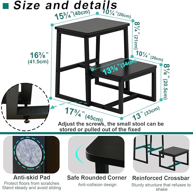 Step Stool for Adults,Holds up to 500Lb,3 in1 Heavy Duty Sturdy Two Step Stool for Kichen/Bathroom/High beds, Wooden&Metal Frame, Non-Slip Pads