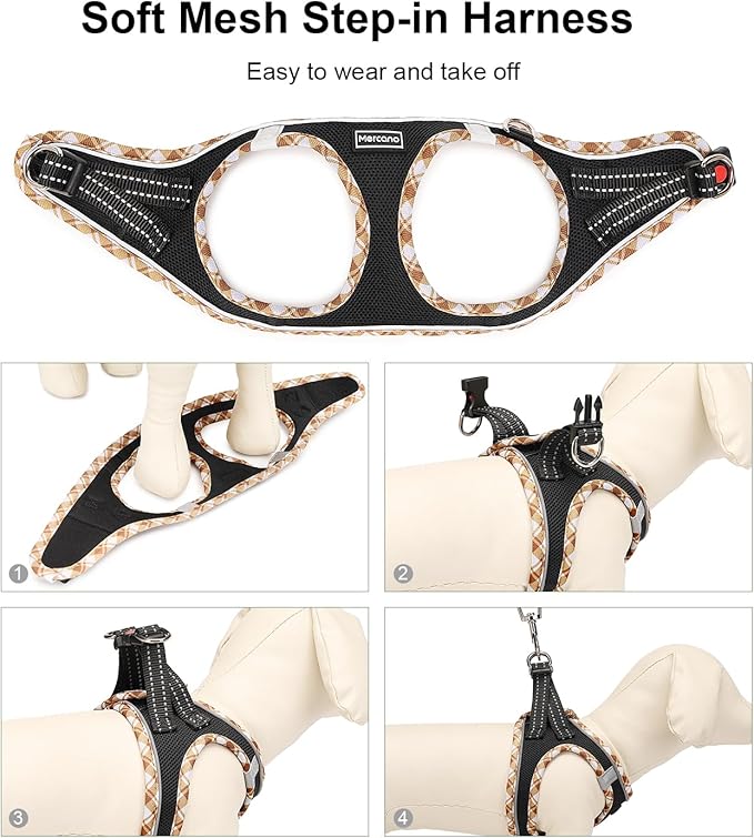 Mercano Soft Mesh Dog Harness and Leash Set, No-Chock Step-in Reflective Breathable Lightweight Easy Walk Vest Harnesses with Safety Buckle for Small Dogs, Cats (Black Yellow, XL)