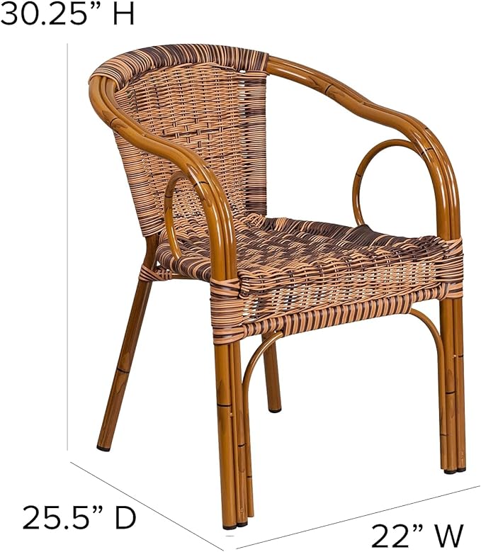 Flash Furniture 3 Pack Cadiz Series Burning Brown Rattan Restaurant Patio Chair with Dark Red Bamboo-Aluminum Frame