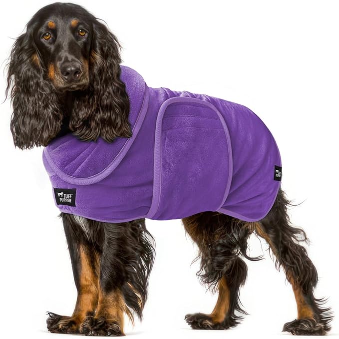 Tuff Pupper Fast Drying Dog Bath Robe | 800 GSM Plush Dog Towel Bathrobe/Dressing Gown | Super Absorbent Pet/Puppy Bathrobe | Adjustable Hood & Belly Strap | Super Soft | Fast Drying (M, Purple)