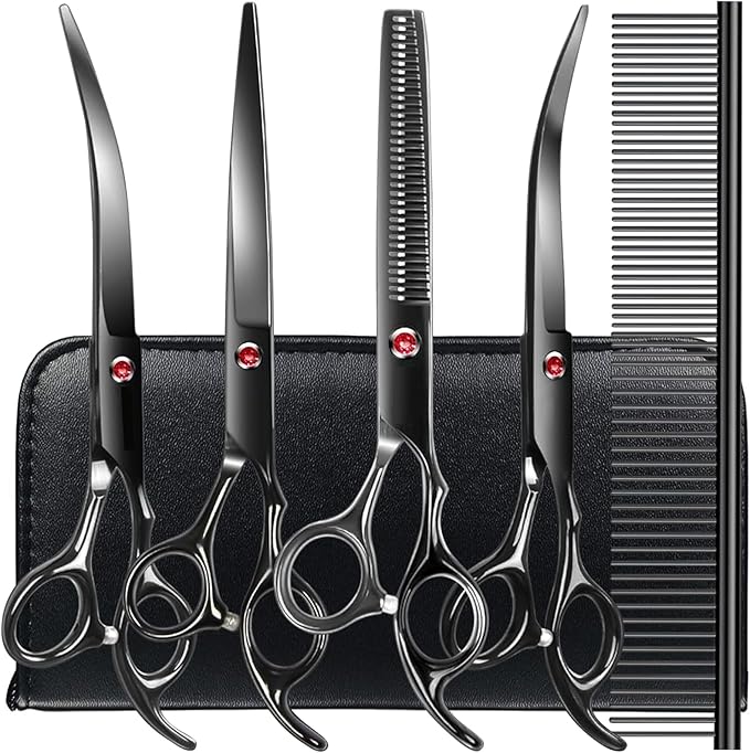 Professional Dog Grooming Scissors Kit Black 6 in 1, Dog Shears for Grooming 6CR Premium Stainless Steel Grooming Scissors Kit for Dogs Cat Pet