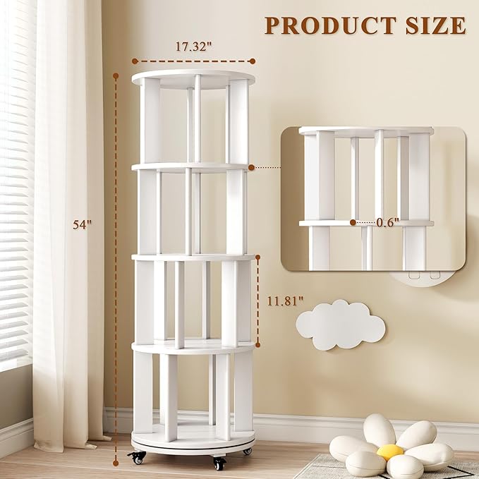 4 Tier Rotating Bookshelf Tower, 360 Spinning Bookcase Carousel with Lockable Wheels, Round Lazy Susan Organizer for Corner Bookshelf, Solid Wood Revolving Bookcase for Kids Room, Bedroom, Living Room