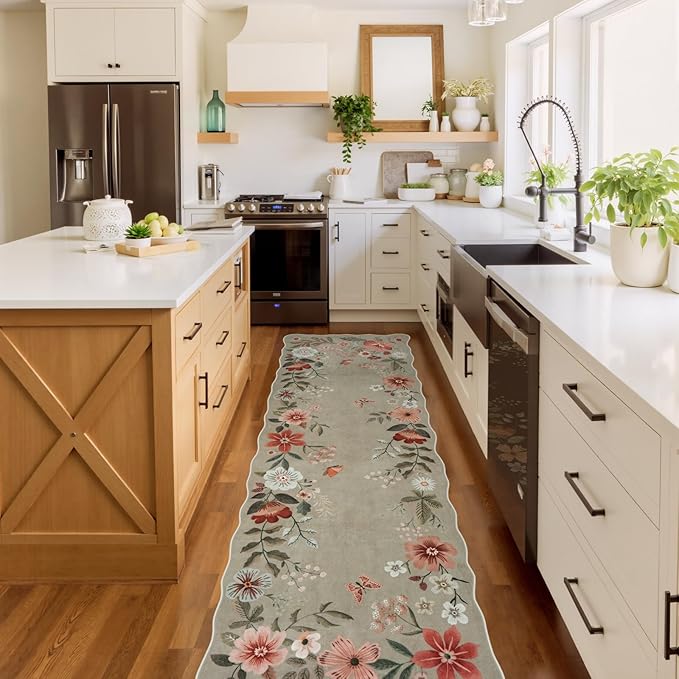 Lahome Floral Runners for Hallways, 2'6''x8' Kitchen Runner Rug Non Slip, Soft Washable Runner with Rubber Backing Carpet for Laundry Bedroom Bathroom(Brown)