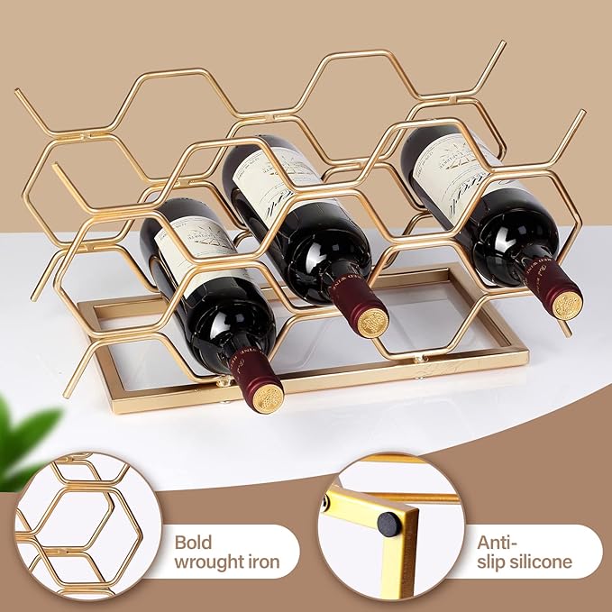 Countertop Wine Rack - 10 Bottle Freestanding Modern Gold Metal Small Wine Rack - Tabletop Wine Holder Stand for Cabinet, Pantry, Wine Bottle Storage……