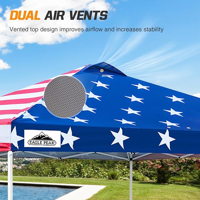 EAGLE PEAK Pop Up Canopy Tent with Wheeled Carry Bag, 8 Stakes, 4 Ropes, 4 Weight Bags, Easy Set Up Tent Canopy, 10x10 ft, 100sqft of Shade, American Flag