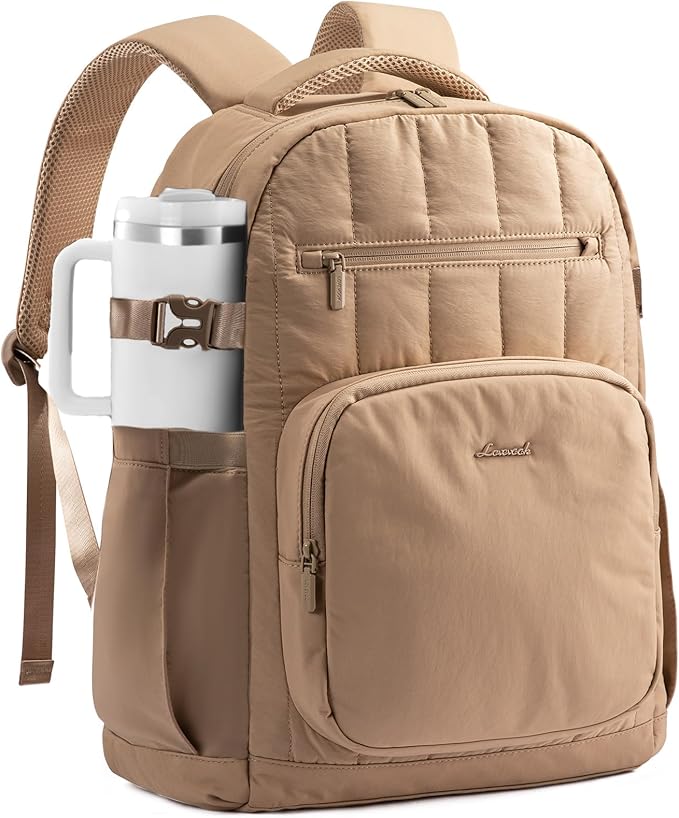 LOVEVOOK Laptop Backpack for Women with Giant Tumbler Holder Pocket,15.6 Inch Puffer Travel College Work Backpack Purse for Teacher Nurse,Waterproof Laptop Bag Computer Back Pack Casual Daypack,Khaki