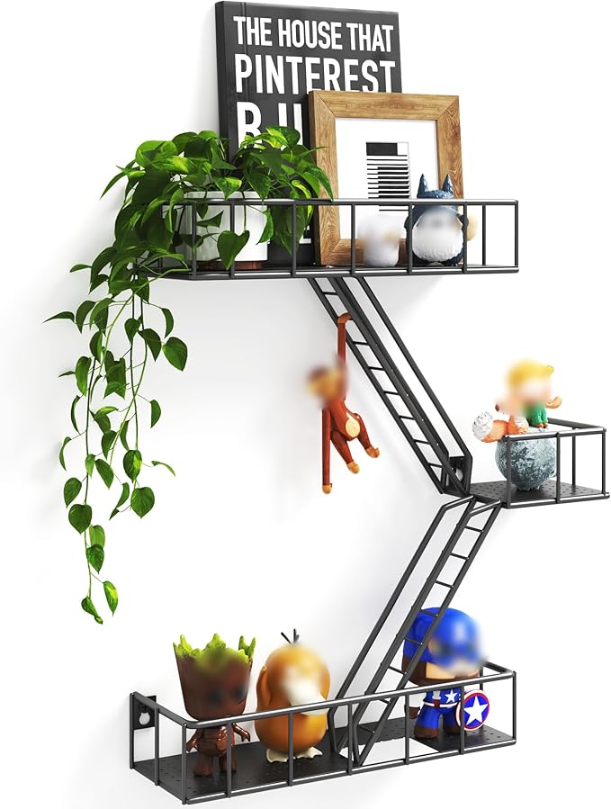 Fire Escape Wall Shelf with Baskets, 3-Tier Metal Fire Escape Ladder Shelf Wall Organizer, New York Inspired Decorative Shelf, Black Floating Action Figurine Display Shelves for Bedroom, Home Décor.