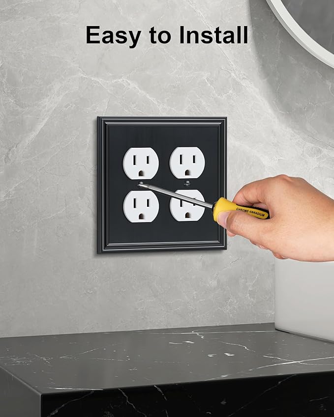 2-Pack Double Duplex Outlet Cover, Black Decorative Switch Plates and Outlet Covers for Electrical Outlets, Durable Zinc Alloy Wall Plates, 2 Gang Receptacle Cover, Corrosion Resistant