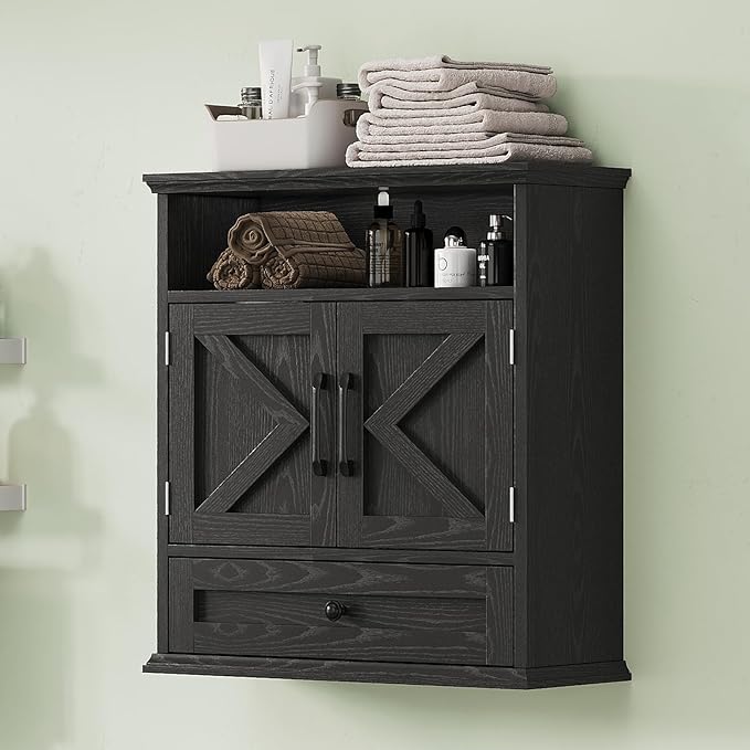 Bathroom Wall Cabinet, Wall Mounted Medicine Cabinet with Drawer, Barn Door & Adjustable Shelf, 24.4"H x 23.6"W x 9"D Black Over Toilet Farmhouse Storage Cabinet for Kitchen, Laundry, Entryway