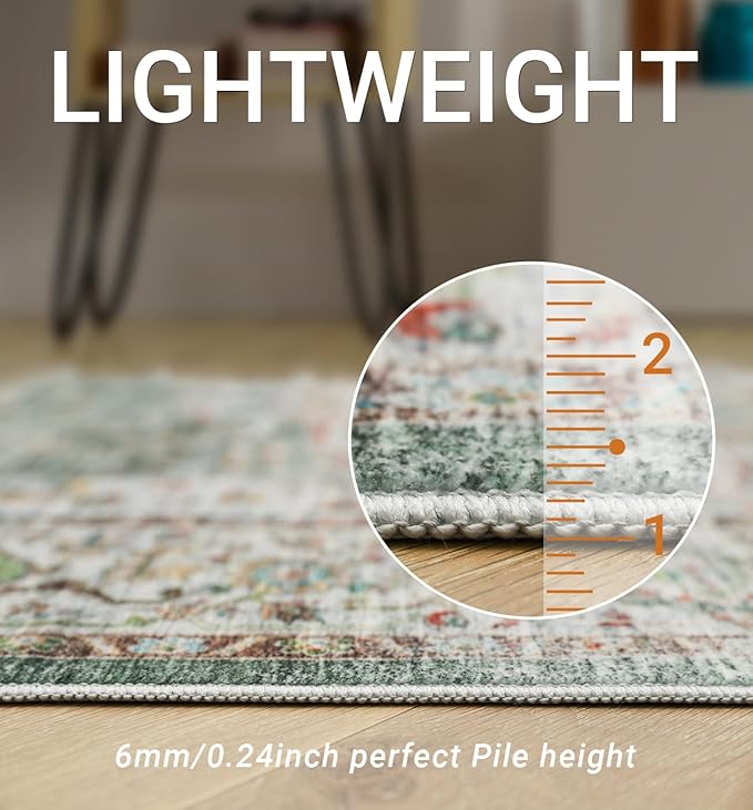 5x7 Area Rugs for Living Room,Stain Resistant Washable Rug,Non-Slip Backing Rugs for Bedroom,Kitchen,Printed Vintage Home Decor Rug (Green, 5'x7')