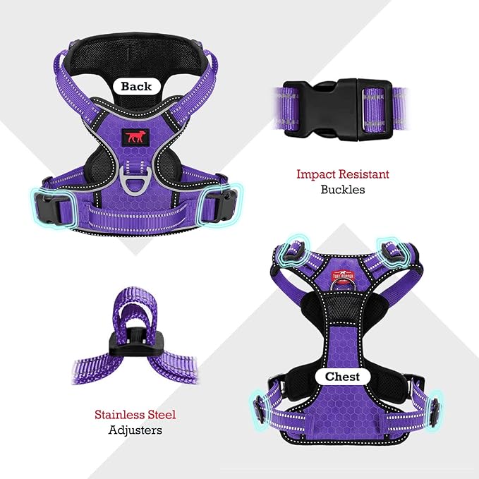 Tuff Pupper No Pull Easy Walk Dog Harness | Heavy Duty Pet Vest | Front & Back Leash Clips | Strong Safety Handle | Reflective Anti Pull Vest | Comfortable Padded Escape Proof Harness(Medium, Purple)