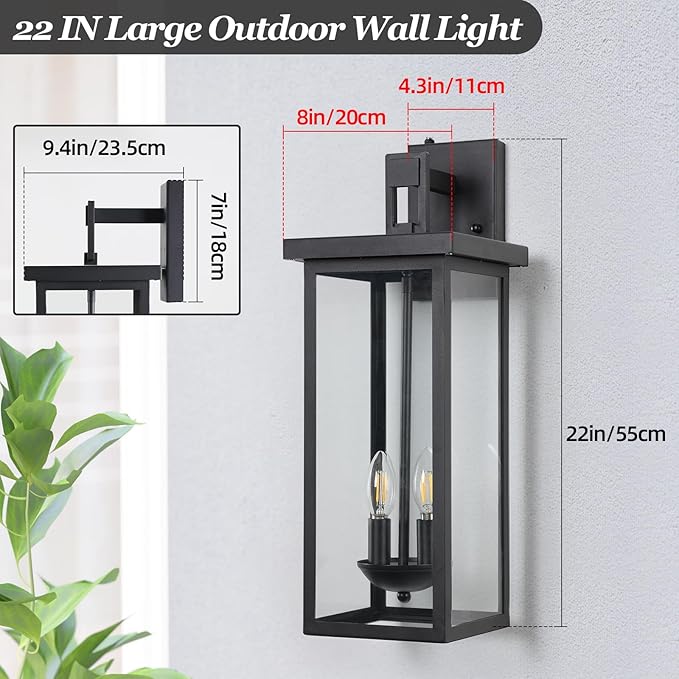 Large Exterior Lighting Fixtures Modern Wall Lantern,Outdoor Wall Lights with Clear Glass Shade,Outdoor Lamps for Patio Porch,Waterproof Outside Exterior Lights，Dusk to Dawn 22IN-2 Packs