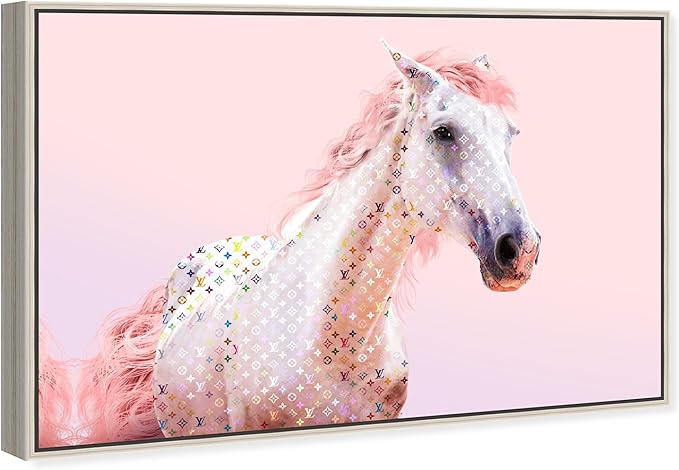 Country Farmhouse Canvas Print Painting Animal Wall Art 'Pink Glam Horse' Champagne Framed Canvas Rustic Home Décor 36x24 in Pink, White by Oliver Gal